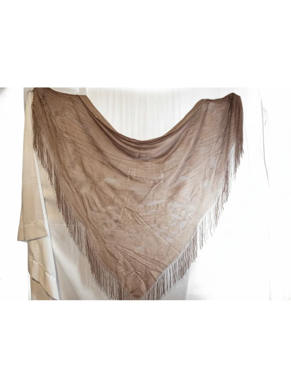 Large Taupe Fringe Shawl Wrap Triangle Scarf Lace Textured Lightweight